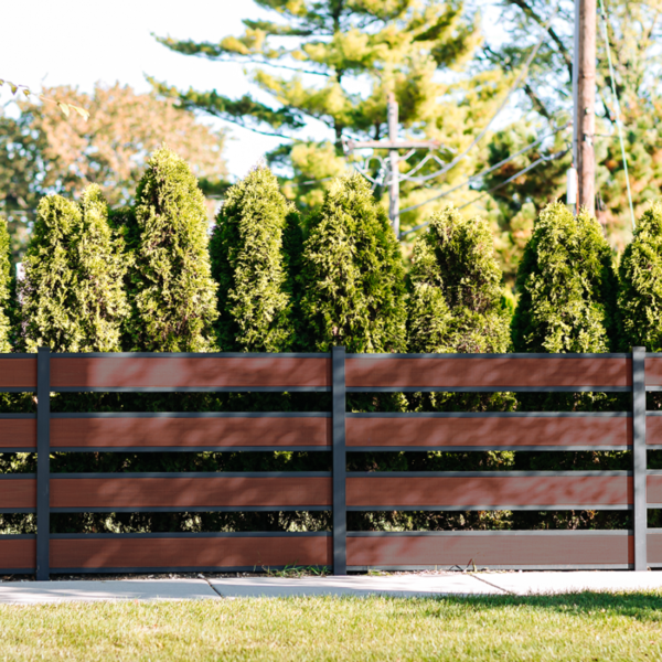 4′ H x 6′ W Non Privacy Opacity – Aspen Brown & Black Aluminum wpc wood plastic composite fence modern euro fences chicago