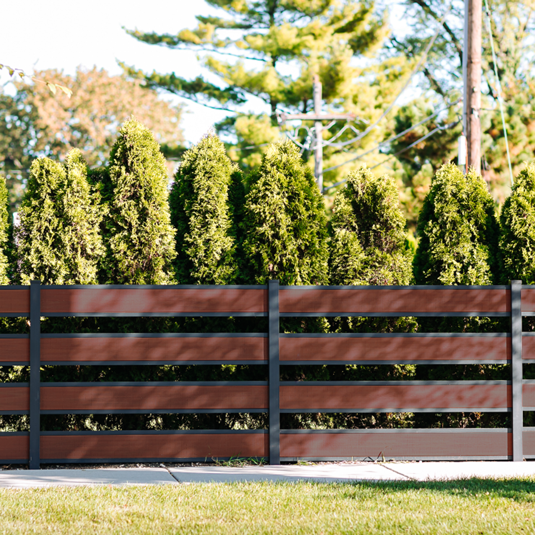 4′ H x 6′ W Non Privacy Opacity – Aspen Brown & Black Aluminum wpc wood plastic composite fence modern euro fences chicago